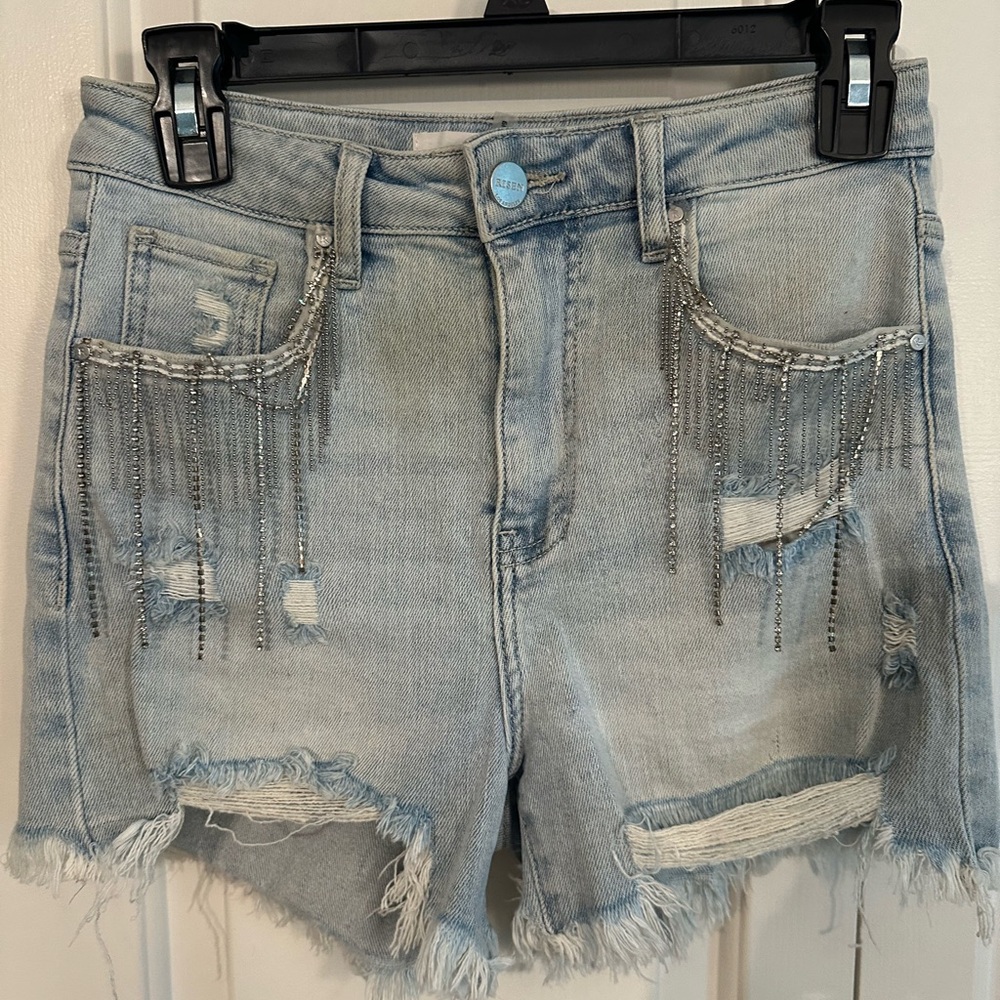 Risen Jeans Distressed Light Blue Denim Shorts with Rhinestone Fringe